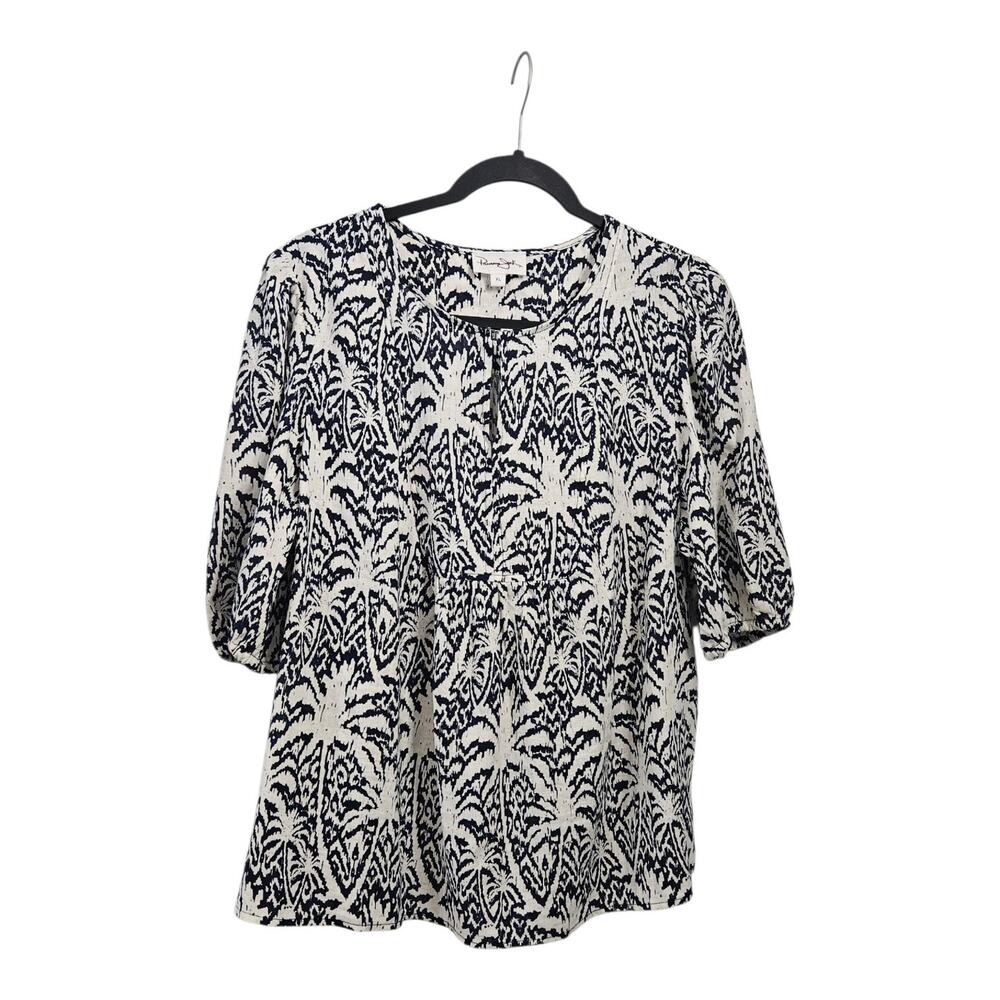 Panama Jack Womens XL Linen Blend Blouse Palm Trees Short Puff Sleeves Shirt